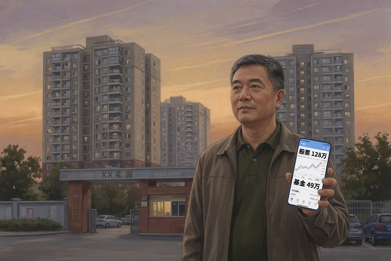 老李画像:一位站在北京三环/四环附近高层住宅小区门口的中年男性,手持手机显示股票基金持仓金额
