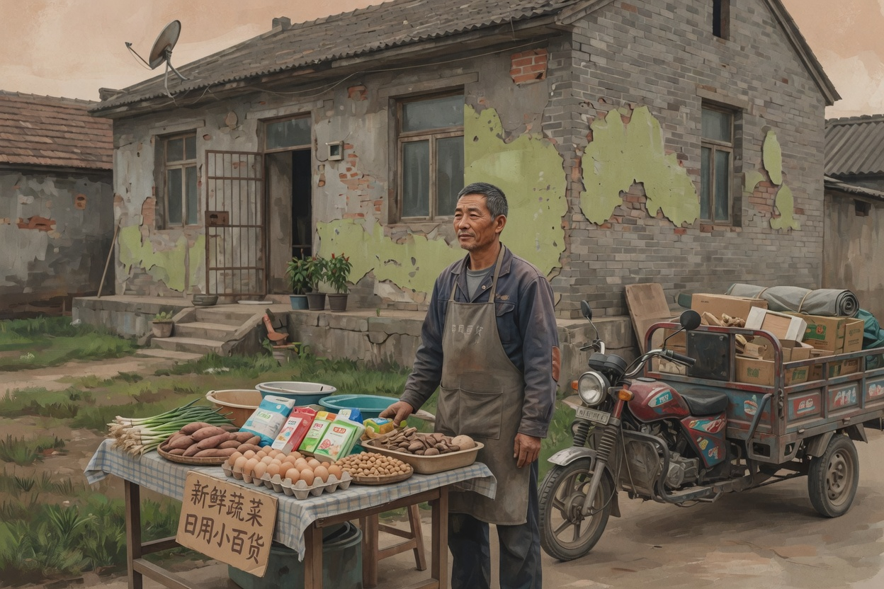 老王画像:一位在县城/乡镇街边摆摊的中年男性,身后是老旧的宅基地自建房,旁边停着一辆载货电动三轮车